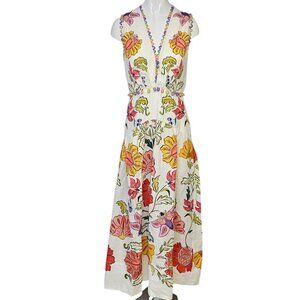Farm Rio Floral V-Neck Sleeveless Linen Maxi Dress, Boho, Wedding Guest, XS